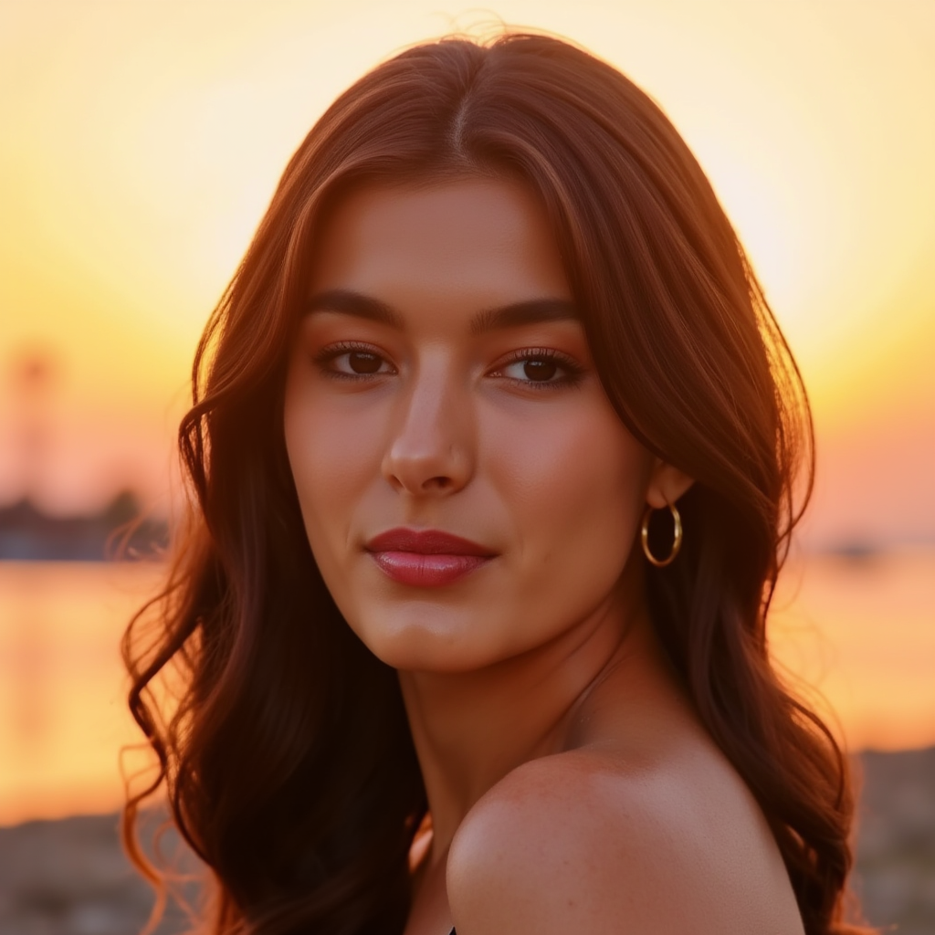 AI Headshot: romantic portrait of {prompt}, golden hour sunset, soft dreamy lighting, beach background, gentle smile, warm colors, shallow depth of field, Half-body digital photo, highly detailed, photorealistic, 8k, looking towards camera with loving expression