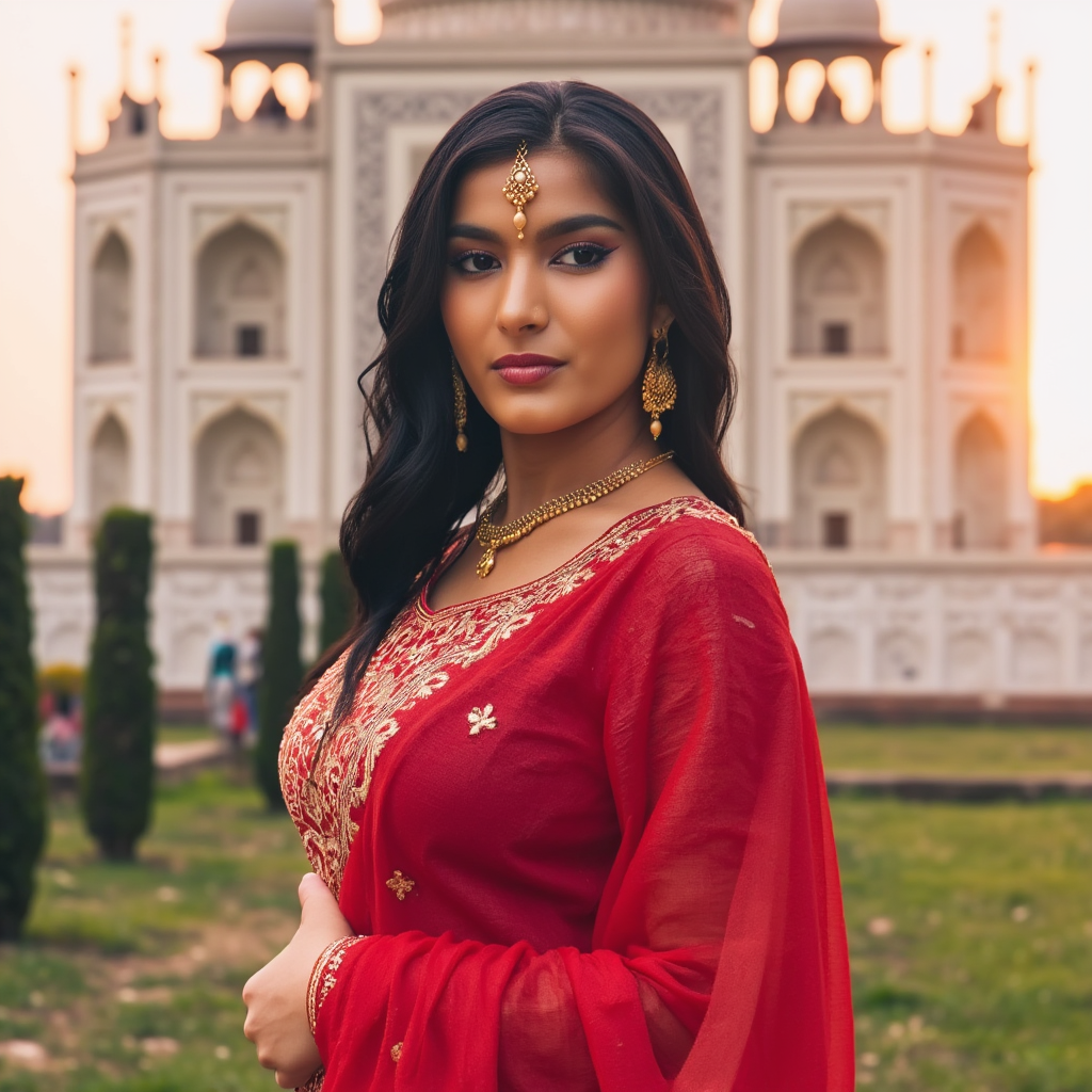 AI Headshot: A potrait of  {prompt} draped in a vibrant crimson saree with gold embroidery, stands before the majestic Taj Mahal at dawn. Sunlight, a warm, golden hue, bathes the iconic monument in a soft, ethereal glow, highlighting the intricate marble carvings. Dew clings to the delicate tracery of the Mahal, reflecting the light in a thousand tiny prisms. Her face, framed by a cascading fall of dark, silken hair, carries a serene expression, mirroring the tranquil beauty of the scene. The airy, cool morning air carries the subtle scent of jasmine from nearby gardens, blending with the faint but pervasive aroma of spices from the distant bazaars. Her form is poised, yet graceful, her eyes fixed on the monument in contemplation, her pose almost as if she is a part of the ancient story whispered by the stones. The delicate, almost translucent fabric of her saree catches the light, showcasing the intricate work and the rhythmic patterns of gold.