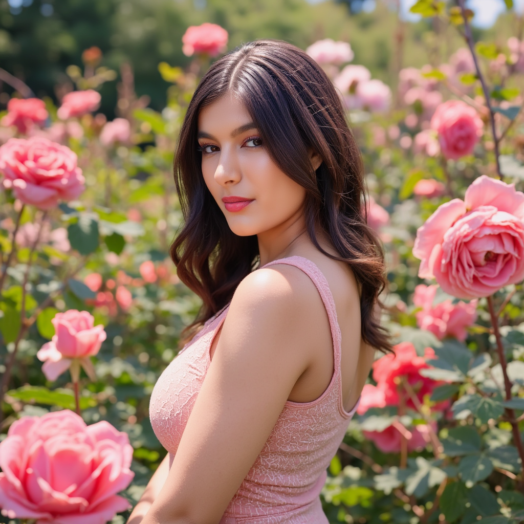 AI Headshot: romantic portrait of {prompt} in a blooming garden, surrounded by roses and flowers, soft natural lighting, dreamy atmosphere, gentle pose, Half-body digital photo, highly detailed, photorealistic, 8k