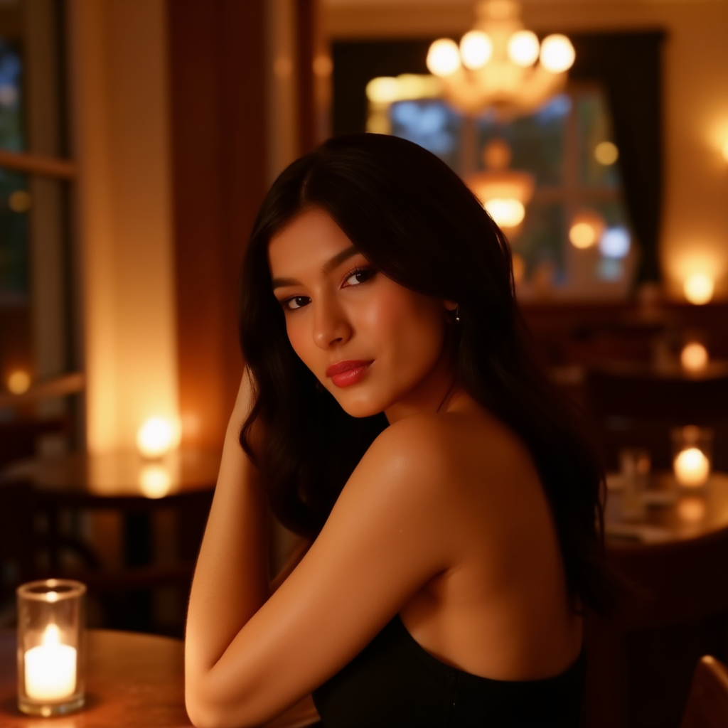 AI Headshot: cute portrait of {prompt} in candlelight setting, warm ambient lighting, soft focus, romantic atmosphere, elegant restaurant background, Half-body digital photo, highly detailed, photorealistic, 8k