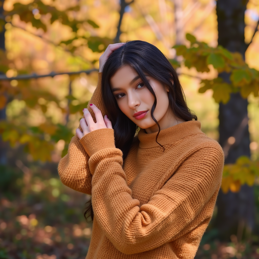 AI Headshot: romantic portrait of {prompt} in autumn setting, falling leaves, warm earth tones, cozy sweater, natural soft lighting, forest background, Half-body digital photo, highly detailed, photorealistic, 8k