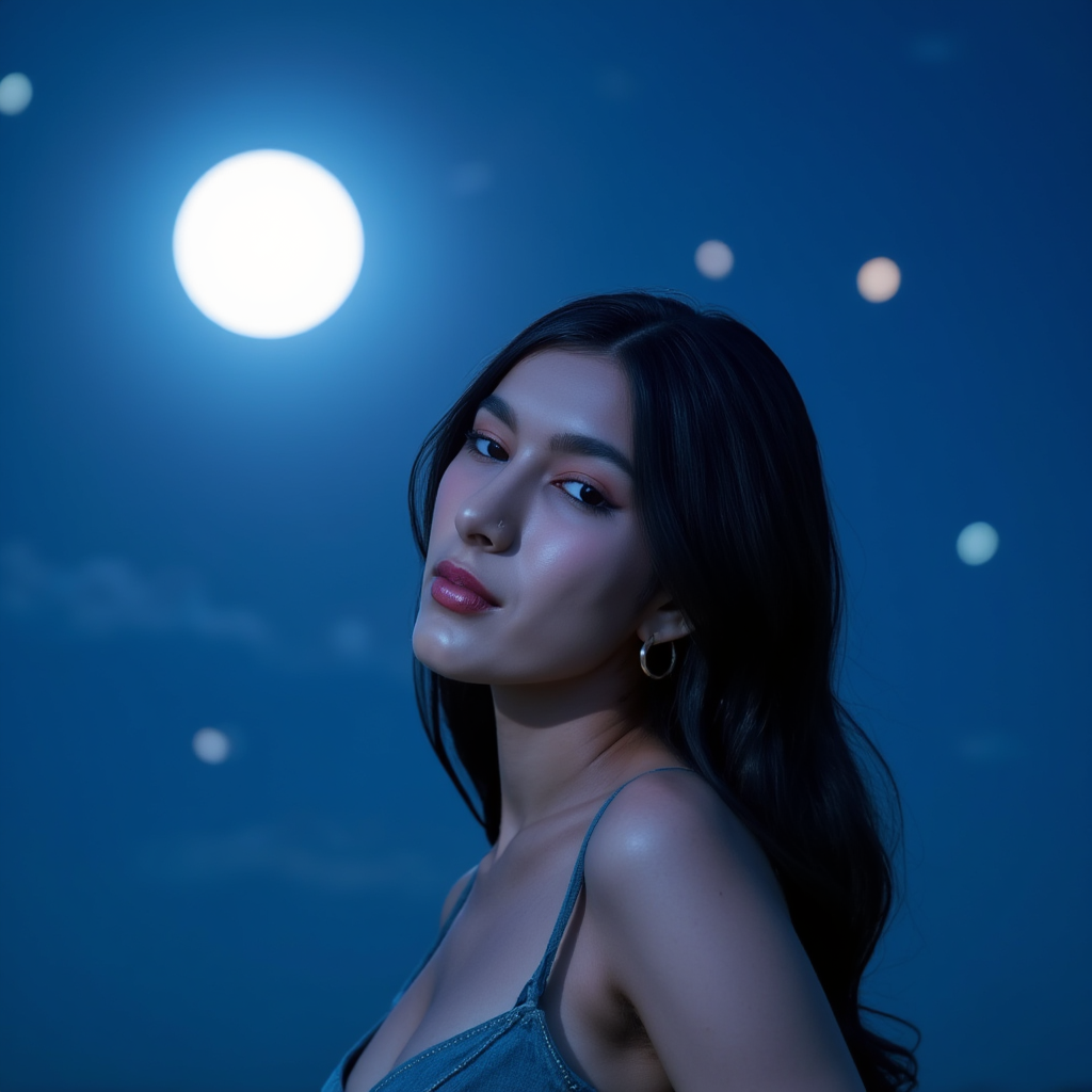 AI Headshot: cute portrait of {prompt} under moonlight, soft blue tones, starry sky background, gentle ethereal lighting, dreamy atmosphere, Half-body digital photo, highly detailed, photorealistic, 8k