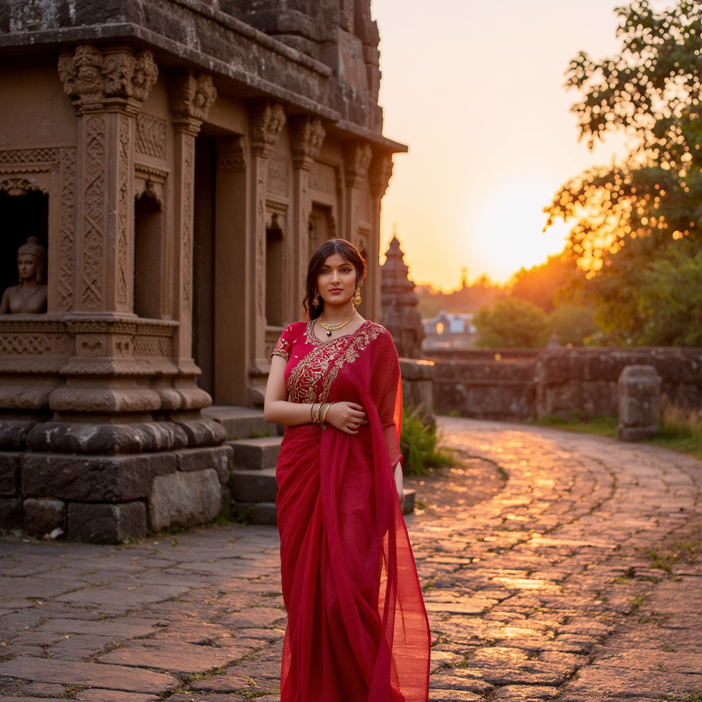 AI Headshot:  A picture of  {prompt}, draped in a vibrant, crimson and gold traditional Indian saree, stands before a majestic, intricately carved temple at sunrise.  Sunlight, filtering through the temple's ornate archways, bathes her figure in a warm, golden light.  The saree's silk feels smooth against her skin, catching the light in subtle shimmer.  Delicate embroidery and intricate patterns on the saree stand out against the soft morning glow.  The temple, carved from aged sandstone, displays carvings of mythical creatures and deities, their details crisp and sharp in the early morning light. Cobblestones, cool and slightly damp beneath her feet, lead to the steps of the temple. 