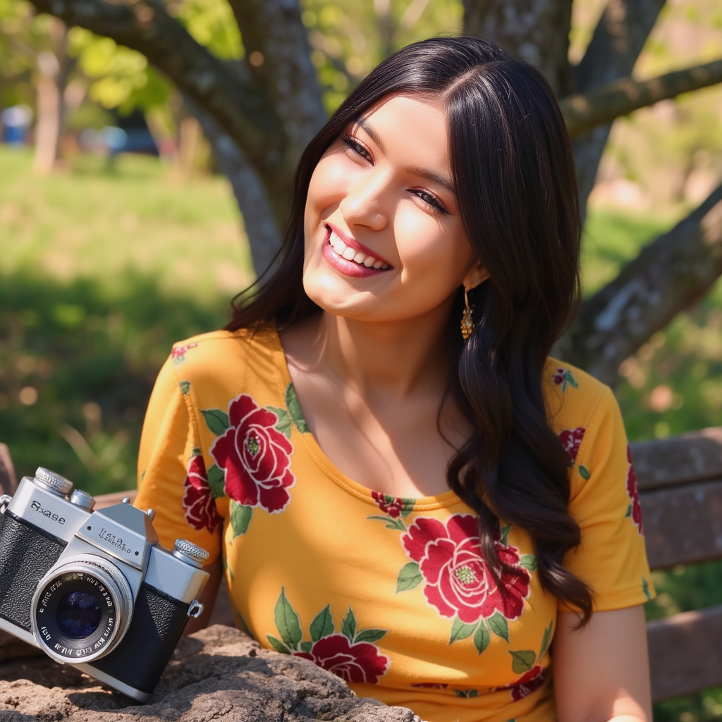 AI Headshot: A picture of {prompt}, her face alight with genuine laughter, is captured candidly by a vintage, retro film camera. Her eyes crinkle at the corners, and her mouth stretches into a wide, joyful smile, showcasing a hint of a gap between her teeth. The camera, gleaming with aged brass and tarnished chrome, rests in a blur of soft focus, the lens slightly out-of-focus, creating a dreamy, slightly hazy effect. Warm, golden light spills across her face and shoulders, highlighting the texture of her clothing—a flowing, floral patterned dress of a soft, pastel lavender and cream color. A slight breeze rustles the fabric, emphasizing the subtle movement of her body as she laughs. A faint, almost imperceptible whirring sound suggests the shutter action of the camera. The background, intentionally blurred, suggests a dimly lit vintage cafe laden with smoke and shadows, a muted beige and gray palette. The ambient hum of conversation, and the faint scent of old coffee, create a lively and atmospheric setting. 