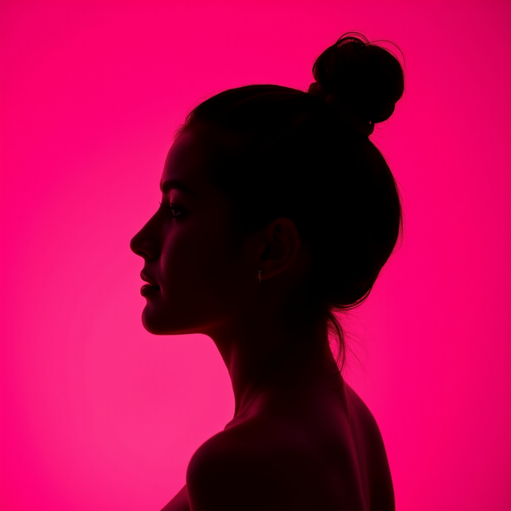 AI Headshot: photography, portrait of contrast, profile silhouette of {prompt}, vibrant hot pink backdrop, visualize using a camera setup that mimics a large aperture, focusing solely on the silhouette's edge, while a low ISO maintains the richness of color without grain, photorealistic, UHD