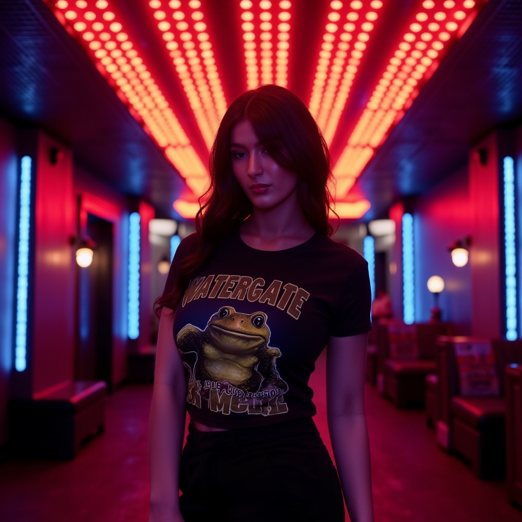 AI Headshot: cinematic, moody image, featuring {prompt}, Frog cropped tshirt, in front of Watergate, ceiling covered in intense red lights arranged in a grid pattern, and blue accents along the walls and support beams, casting a moody, nightlife vibe, full body shot