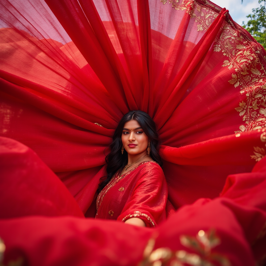 AI Headshot: Fashion photograph in the style of “bug’s-eye view” of {prompt}  a Indian women wearing flowing red traditional Saree. The fabric of the Saree billows outward in all directions, creating a dramatic and visually striking effect. Full body shot from a low vantage point. Side view. The camera looks upwards at the subject. View from the floor up. Extreme angle shot from below. Steep angle. Upward angle. Head in the frame.