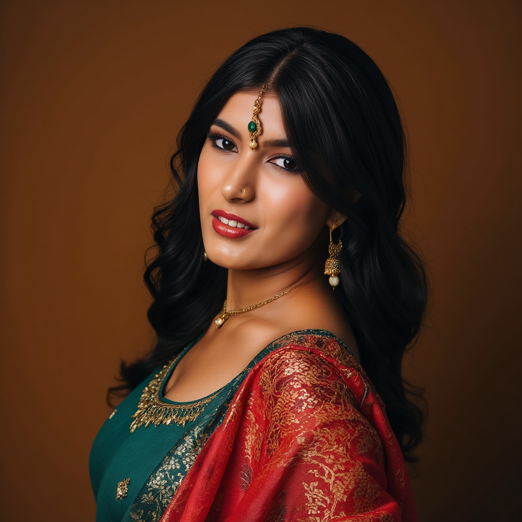 AI Headshot: a beautiful  pictue of {prompt} in saree, in the style of light red and light emerald, high-contrast shading, intense coloration, crisp detailing, zeen chin, dracula teeth , photorealistic, ultra-detailed, hyperrealistic, shot on 70mm with wide angle lens, Indian-inspired motifs, dark amber and emerald, dark turquoise and brown, orange and emerald, red and emerald, dark crimson and turquoise, high definition  