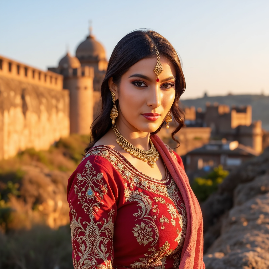 AI Headshot: A regal portrait of {prompt}, dressed in an intricately embroidered Rajasthani Rajputana sherwani, standing before the grand Mehrangarh Fort. The soft golden sunset casts a majestic glow over the fortress walls, enhancing the rich hues of the traditional attire. His eyes reflect both strength and wisdom as he gazes into the horizon. The fine embroidery of his sherwani catches the light, showcasing motifs of peacocks and floral patterns, reminiscent of royal heritage. In the background, the fort's towering sandstone walls contrast against the deep blue sky, while the distant echo of a folk song from a nearby village adds an immersive depth to the scene.