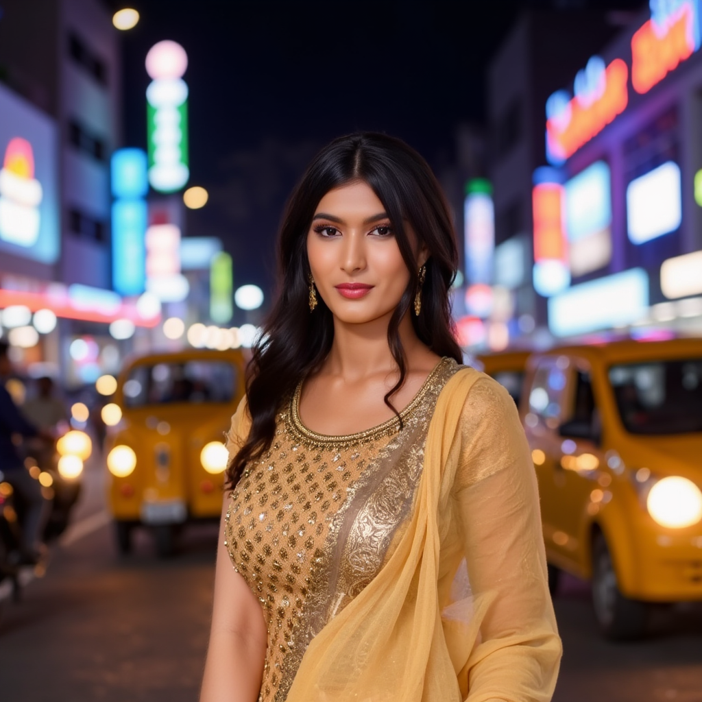 AI Headshot: A glamorous portrait of {prompt} in a shimmering gold lehenga, standing under bright city lights in Mumbai, reminiscent of a Bollywood diva from the 90s. The wind gently lifts the sheer dupatta, adding an ethereal touch. Neon signs and bustling traffic in the distance blur into a bokeh, making the subject the undeniable focal point. The lehenga glistens under the soft ambient lighting, exuding elegance. Her eyes, lined with kohl, reflect dreams and aspirations, embodying the spirit of Bollywood stardom. The distant hum of an auto-rickshaw and the scent of fresh-cut flowers from a street vendor linger in the background.