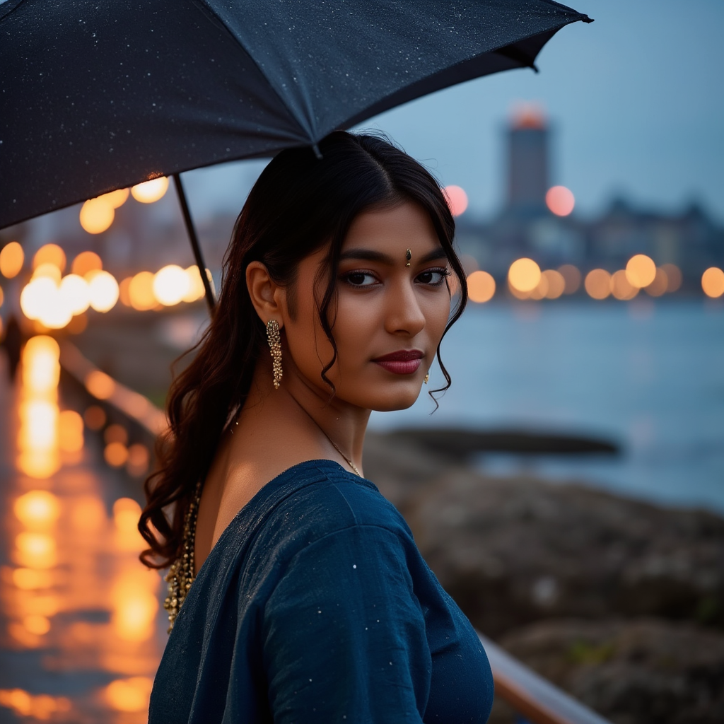 AI Headshot: A dreamy portrait of {prompt}, clad in a deep blue saree, standing under an umbrella as raindrops dance around her. The Mumbai Marine Drive skyline looms softly blurred in the background, city lights shimmering through the misty downpour. Her hair is damp yet perfectly tousled, a few strands sticking to her face as she tilts her head slightly, lost in thought. The fabric of her saree clings slightly, accentuating its delicate texture. Puddles reflect the golden glow of nearby streetlights, and the faint aroma of wet earth and brewing chai lingers in the cool night air.