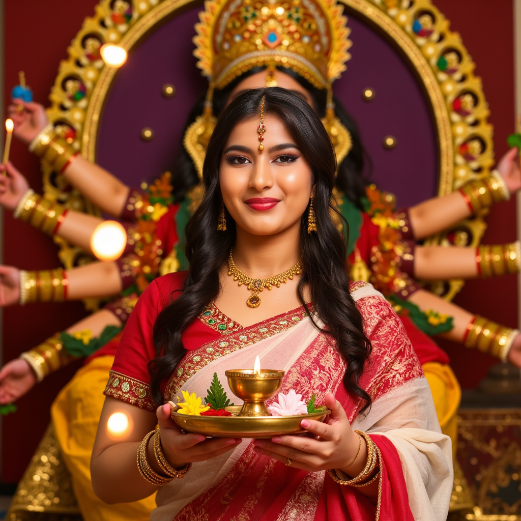 AI Headshot: A festive portrait of {prompt}, dressed in a traditional Bengali red and white saree, standing before a beautifully adorned Durga idol during a grand Puja celebration. Golden diyas flicker around her, casting a warm glow on her joyful face. The scent of incense mingles with the aroma of freshly prepared bhog, filling the air with sacred energy. She holds a brass thali with flowers and a lit diya, her bangles jingling softly. The idol behind her is ornately decorated, with intricate jewelry, vibrant sarees, and expressive eyes that seem to radiate divine power.