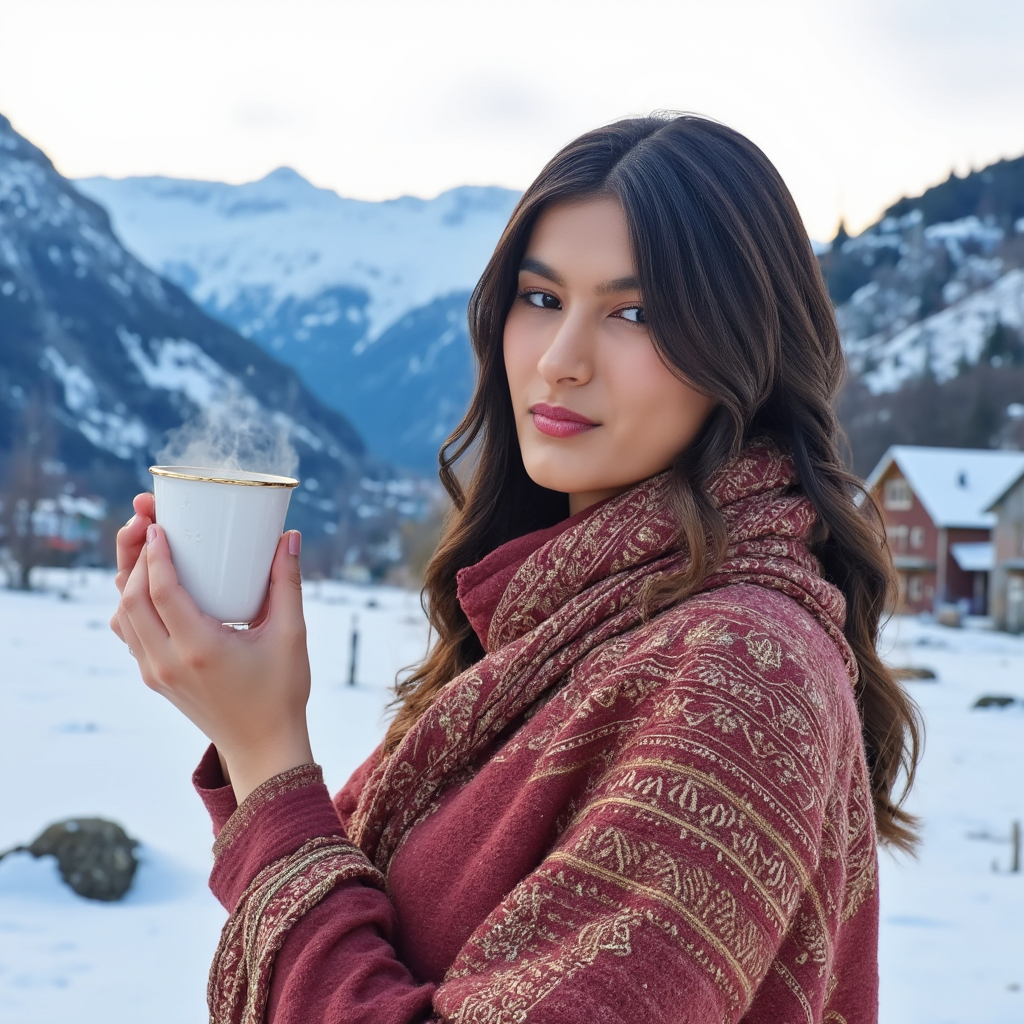 AI Headshot: A stunning winter portrait of {prompt}, wrapped in a warm Kashmiri pashmina shawl, standing amidst the snow-laden valleys of Gulmarg. Tiny snowflakes settle gently on her hair, and a steaming cup of kahwa rests in her hands, adding a sense of warmth to the icy surroundings. The background features towering snow-capped mountains, their peaks bathed in soft, diffused sunlight. Her cheeks are flushed from the crisp mountain air, her breath visible in the frosty atmosphere. The scene exudes a sense of quiet beauty, with only the distant sound of a shikara gliding through a frozen lake.