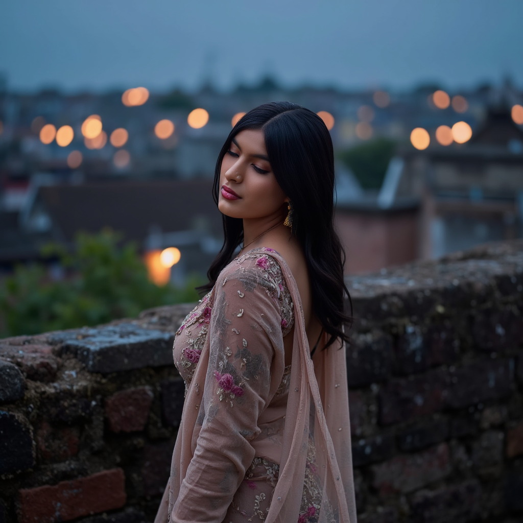 AI Headshot: A poetic portrait of {prompt}, standing on a rustic Indian rooftop as soft monsoon rain drizzles around. She wears a delicate floral-print chiffon saree, the fabric gently clinging to her form. Her face is tilted slightly upwards, eyes closed, lost in the moment as raindrops kiss her skin. The cityscape behind her glows in the night, with distant neon lights reflecting off wet terraces. The scent of rain-soaked earth and jasmine fills the air, amplifying the romance of the moment.