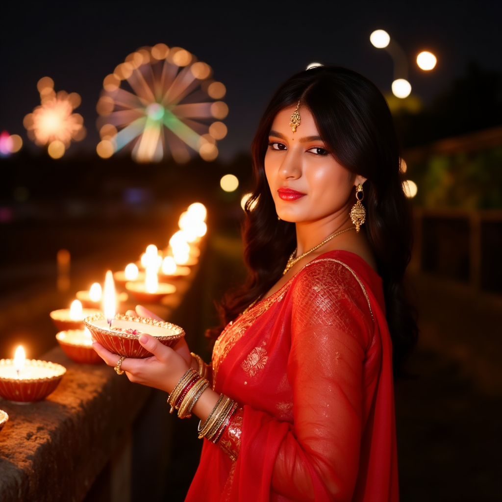 AI Headshot: A radiant portrait of {prompt}, dressed in a stunning deep red saree with golden zari work, standing before a row of twinkling diyas during Diwali night. The warm glow of the flames illuminates her face, casting a soft golden hue over her delicate features. Her bangles jingle lightly as she holds a beautifully decorated diya in both hands, her expression full of warmth and love. Fireworks burst softly in the distant night sky, creating a dreamy, festival-lit atmosphere.