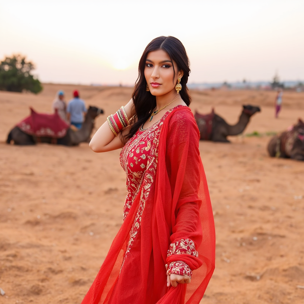 AI Headshot: A heartwarming portrait of {prompt}, adorned in a bright, embroidered Rajasthani ghagra choli, standing amidst the Pushkar camel fair. Golden dunes stretch behind her, with decorated camels resting lazily under the soft evening sky. Her dupatta catches the wind, flowing like a cascade of colors. The jingling of anklets and the distant tune of a Rajasthani folk song fill the air as she gently brushes her fingers over the delicate mirror work of her attire.