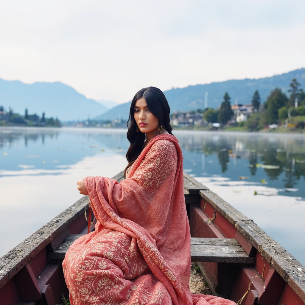 AI Headshot: A serene portrait of {prompt}, wrapped in an intricately woven Kashmiri pashmina shawl, seated in a beautifully decorated shikara gliding across Dal Lake. The misty morning air carries the soft fragrance of lotus blossoms floating on the water. Her reflection shimmers in the rippling lake, and in the distance, the snow-capped peaks of the Himalayas stand tall. The gentle sound of the oar slicing through the calm water adds to the peaceful yet deeply romantic ambiance.