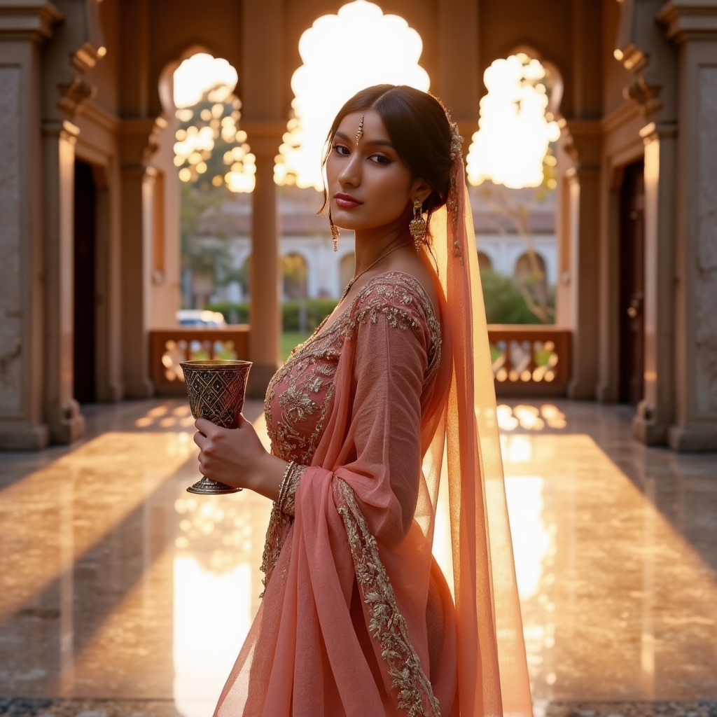 AI Headshot: A mesmerizing portrait of {prompt}, dressed in a royal Mughal-inspired anarkali with delicate embroidery, standing in the middle of a grand palace courtyard bathed in golden evening light. The intricate jali windows cast soft shadows on the marble floor, creating a play of light and pattern. She holds a traditional Persian-style goblet, her gaze thoughtful, as a cool breeze stirs the sheer veil draping her shoulders. The scent of freshly bloomed mogra flowers lingers in the air, enhancing the aura of regal romance.