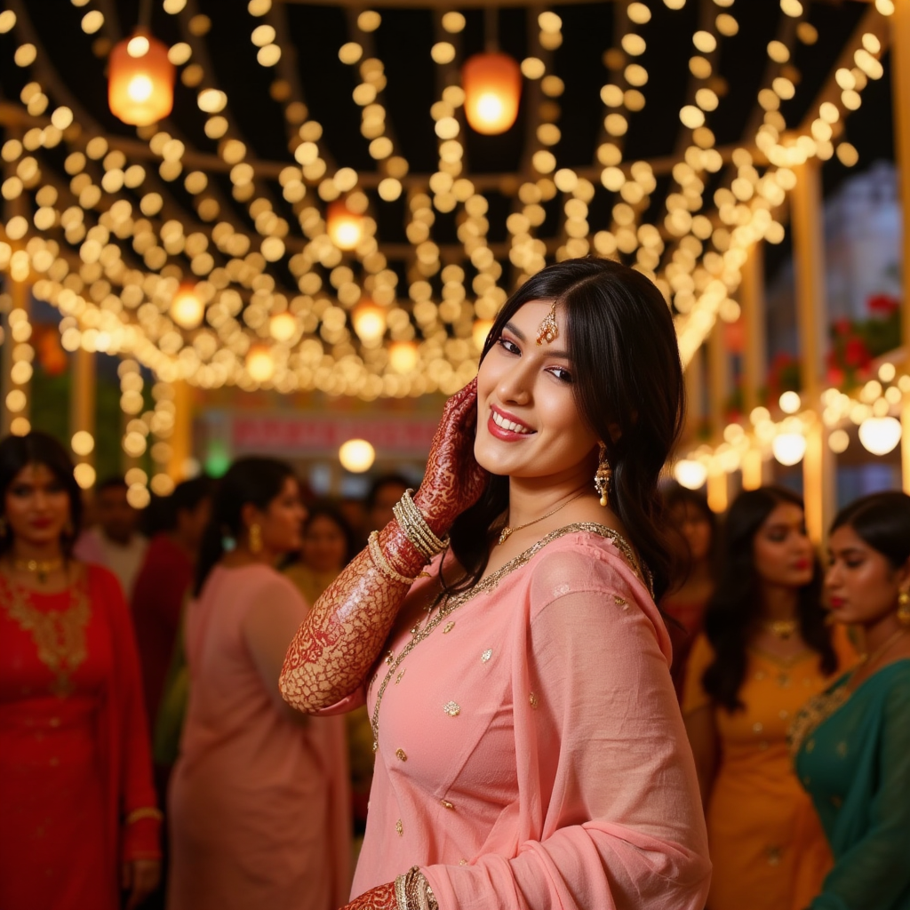 AI Headshot: A joyful portrait of {prompt}, her hands adorned with intricate mehendi designs, laughing under a canopy of twinkling fairy lights at an Indian wedding ceremony. She wears a pastel pink lehenga, shimmering softly under the golden glow of hanging lanterns. The background is filled with a blur of smiling guests and flower garlands, while soft music plays in the air. The scent of fresh marigold and sandalwood fills the night, adding to the dreamy and intimate ambiance.