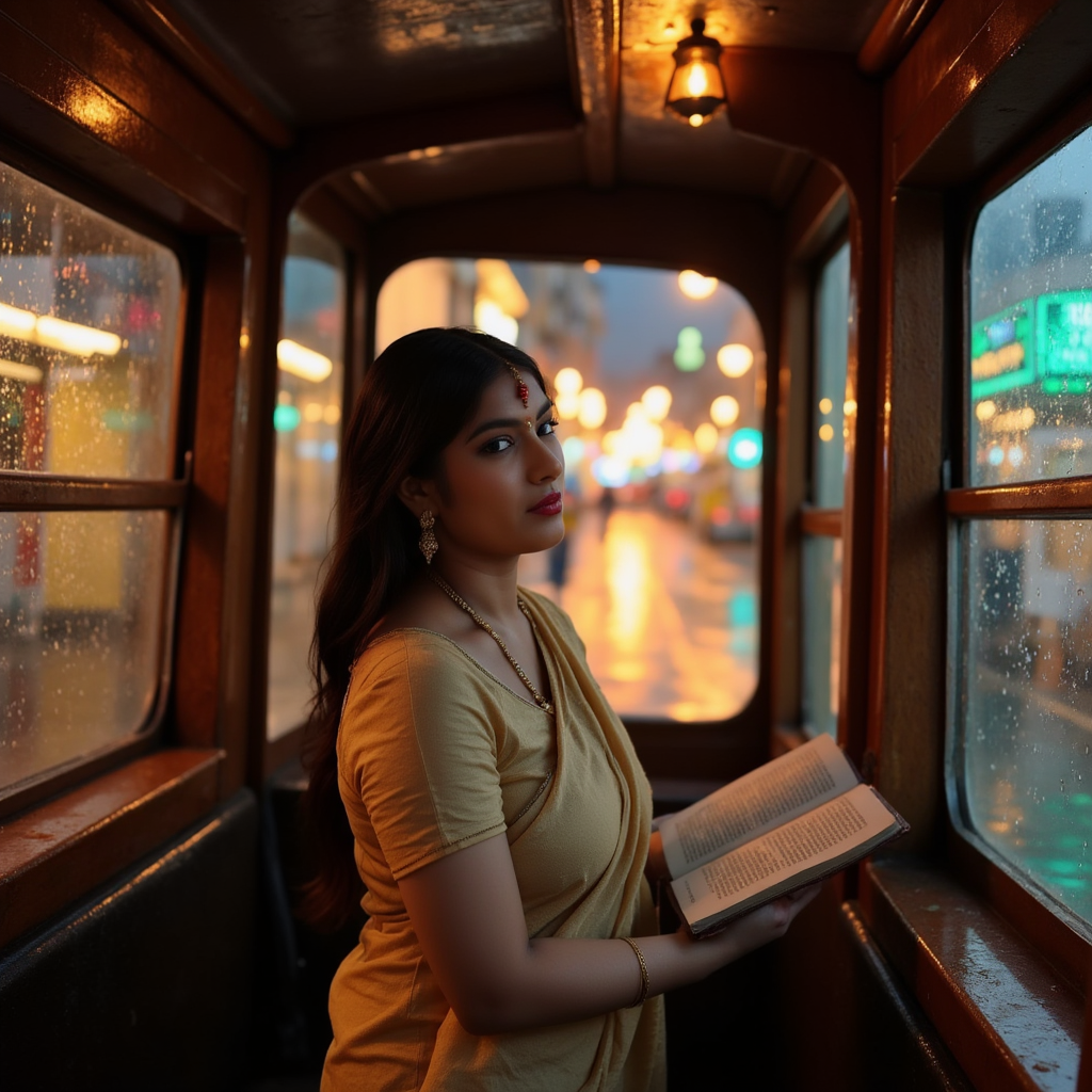 AI Headshot: A nostalgic portrait of {prompt}, dressed in a simple cotton saree with a red bindi, standing inside a vintage Kolkata tram, staring out at the rain-soaked streets. The warm glow of old-fashioned street lamps reflects off the tram's wooden interiors. A soft drizzle blurs the world outside the glass, creating a painterly effect. The faint aroma of chai and old books fills the air, as a distant Rabindra Sangeet plays softly in the background, setting the perfect melancholic yet romantic mood.