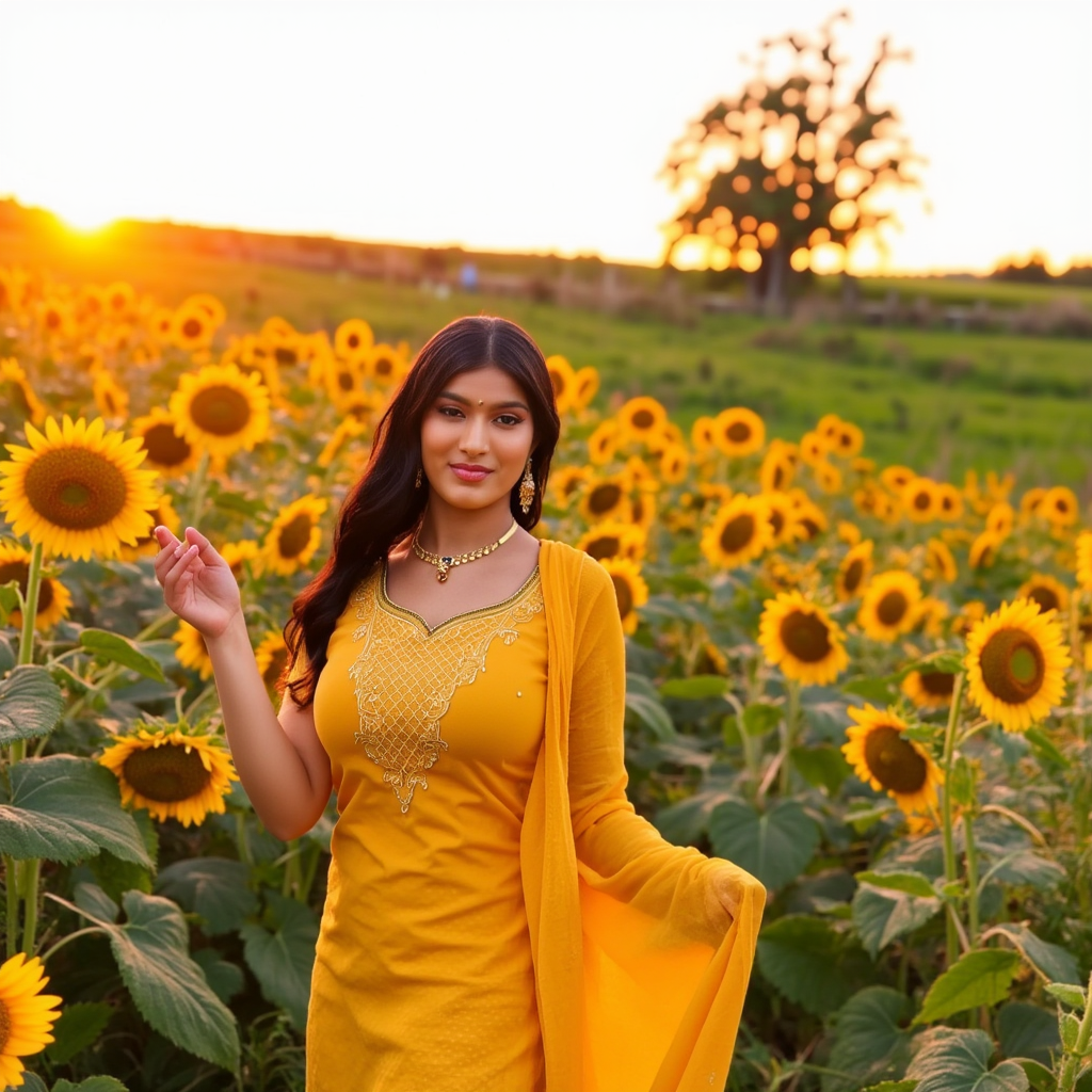 AI Headshot: A dreamy portrait of {prompt}, dressed in a flowing mustard-yellow salwar kameez, standing in a vast field of sunflowers, the golden sunlight filtering through her hair. A soft summer breeze sways the tall sunflowers around her, creating a rippling sea of golden petals. She smiles gently, her fingers brushing against the delicate flowers. In the distance, a lone tree stands, casting a comforting shadow over the rolling fields. The faint sound of birds chirping completes the tranquil, love-filled atmosphere.