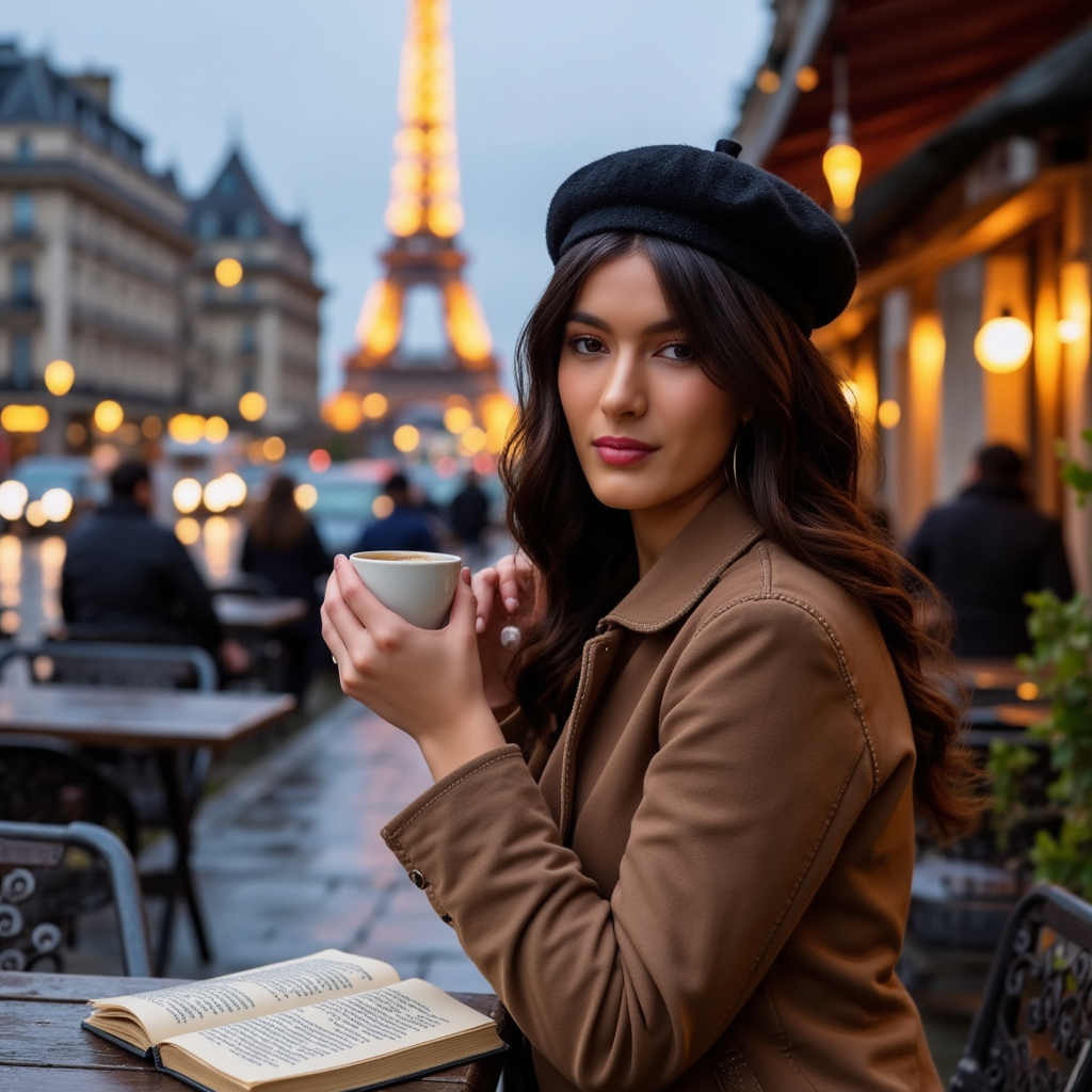 AI Headshot: A cinematic portrait of {prompt}, sitting at a cozy outdoor Parisian café on a rainy afternoon, sipping espresso from a delicate cup. She wears a classic trench coat and a beret, with soft curls framing her face. The Eiffel Tower glows in the distance, and the streetlights reflect on the wet cobblestone streets. A book rests on the table beside her, its pages slightly damp from the misty air.