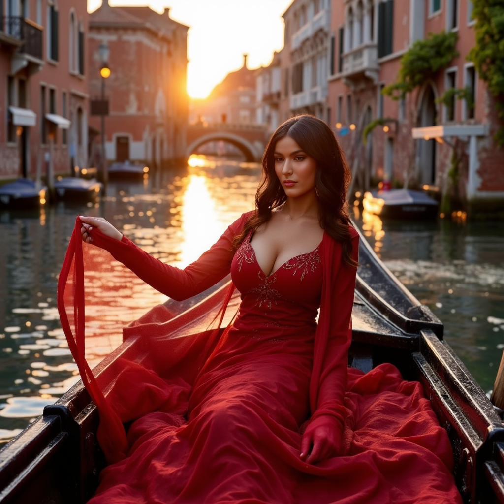 AI Headshot: A breathtaking portrait of {prompt}, dressed in a  crimson gown, seated in an ornate gondola gliding through the canals of Venice. The gondolier hums an old Italian love song as the golden sunset reflects off the shimmering water. Ancient buildings with ivy-covered balconies rise on either side, their lights flickering romantically. A soft breeze stirs her silk scarf, adding a touch of elegance.