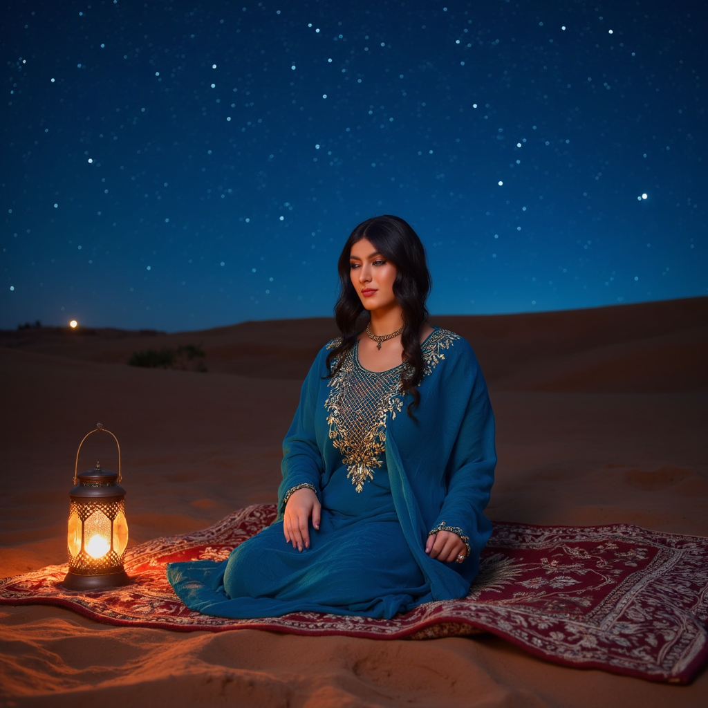 AI Headshot: A mesmerizing portrait of {prompt}, sitting on a soft Persian rug in the middle of a desert, under a sky filled with countless stars. She wears an embroidered blue kaftan, her dark kohl-lined eyes gazing at the flickering lantern beside her. The warm sand beneath her feet and the distant sound of a flute create an enchanting Arabian night atmosphere.