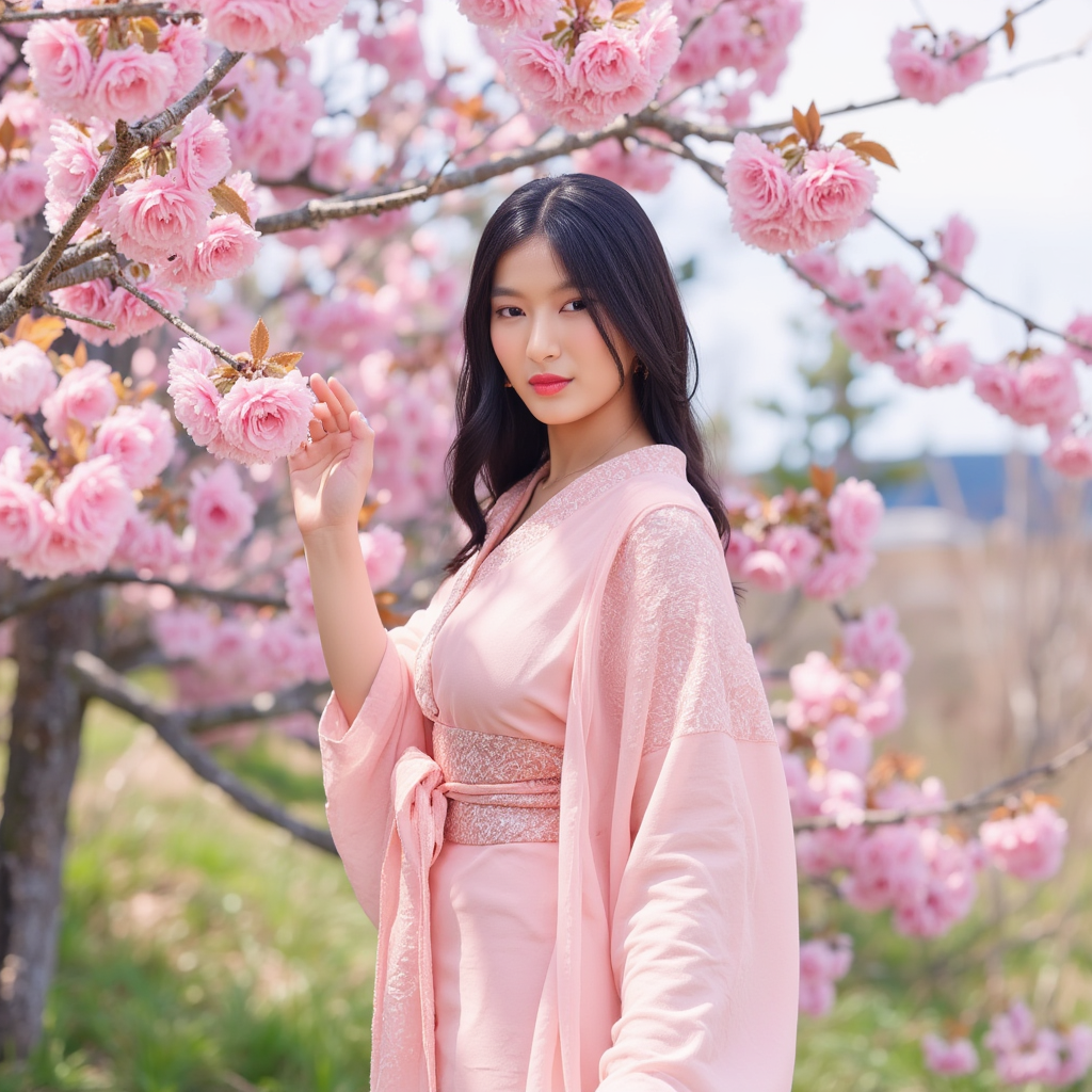 AI Headshot: A delicate portrait of {prompt}, standing under a canopy of pink cherry blossoms, petals drifting down like soft confetti. She wears a pastel kimono, tied with an elegant obi, her fingers brushing against the silk fabric. The scent of blooming flowers fills the air as a gentle spring breeze carries the whispers of an old love poem.