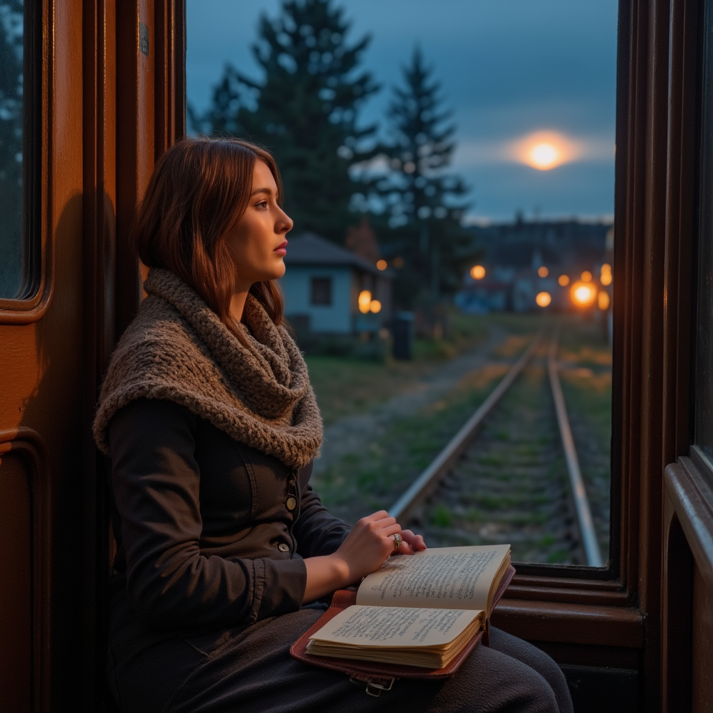 AI Headshot: A nostalgic portrait of {prompt}, sitting by the window of an old-fashioned train as it speeds through the moonlit countryside. She wears a soft woolen scarf, lost in thought as she gazes at the blurred lights of distant villages. A leather-bound journal rests on her lap, filled with unfinished letters. The rhythmic clatter of the wheels on the tracks and the distant hum of a violin playing in another cabin add to the intimate, wistful mood.