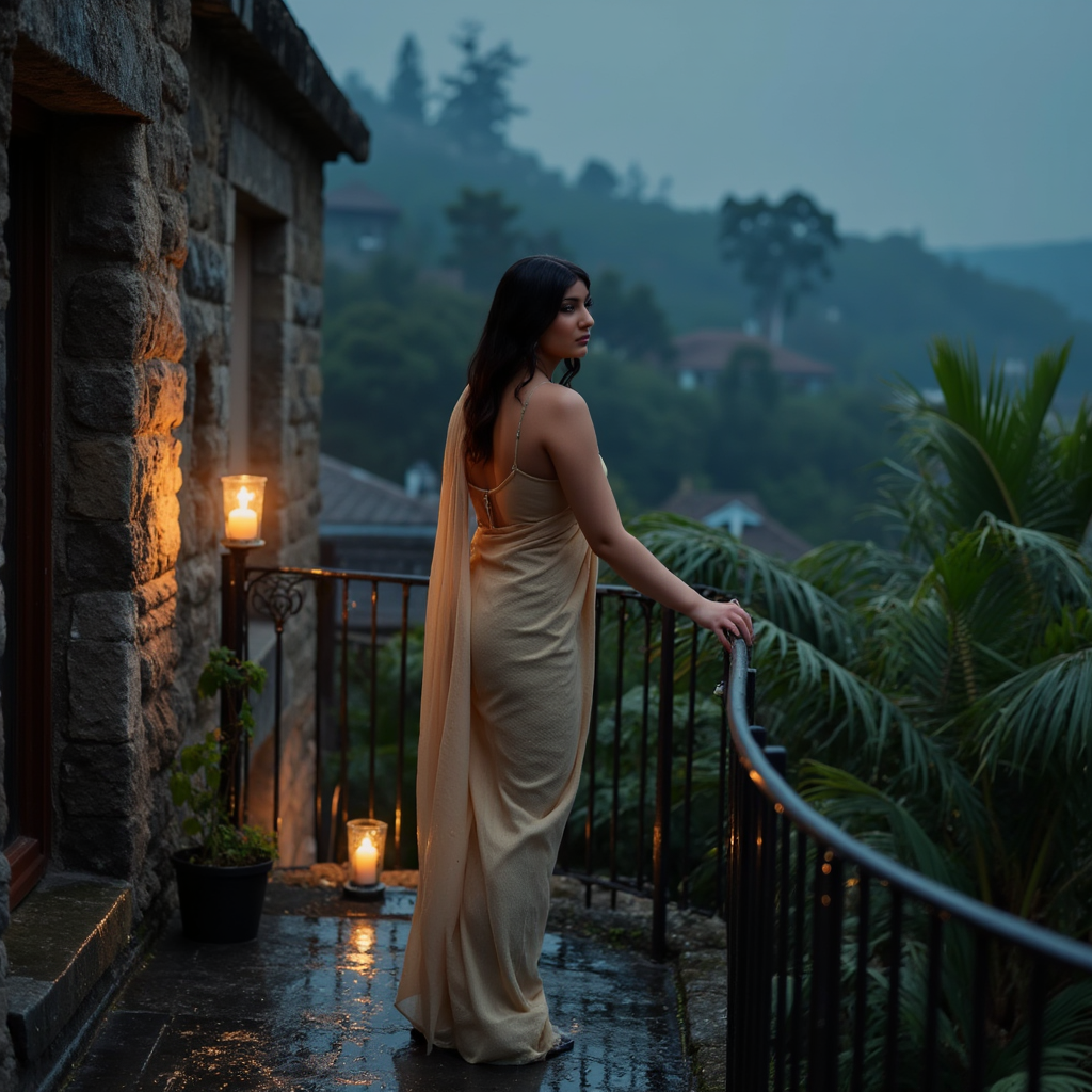 AI Headshot: A melancholic yet romantic closeup portrait of {prompt}, standing on an old stone balcony as rain pours down in the background. She wears a delicate silk saree, her wet hair clinging to her skin. She holds onto the iron railing, watching the raindrops dance on the leaves below. The distant sound of thunder rolls through the night, while candlelight flickers beside her, casting soft shadows on the damp marble floor.