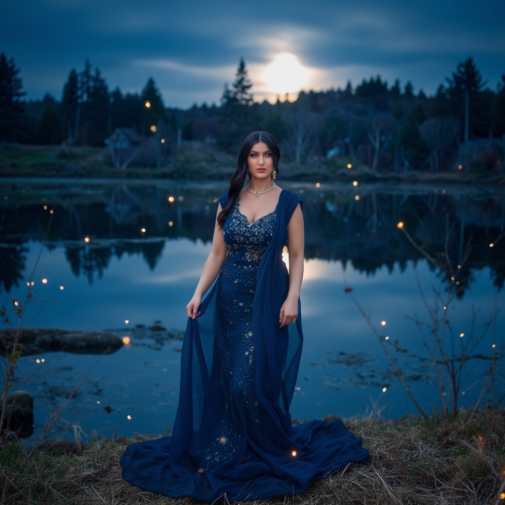 AI Headshot: A magical portrait of {prompt}, standing on the edge of a quiet lake, bathed in the ethereal glow of a full moon. She wears an elegant midnight-blue gown that shimmers like the night sky. Fireflies dance around her, casting tiny golden sparks of light. The reflection of the moon on the still water creates an almost surreal illusion, as if she is floating between two worlds.