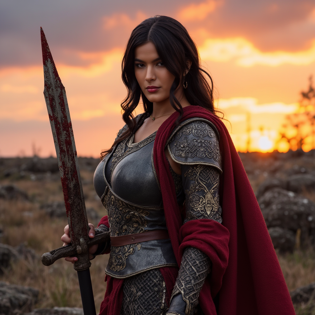 AI Headshot: A fierce  portrait of {prompt}, a warrior princess in battle-worn armor, standing on the ruins of an ancient battlefield at sunset. Her dark, wind-swept hair frames her determined gaze as she holds a blood-stained sword, its intricate carvings glistening in the dying light. A crimson cape billows behind her, torn yet regal. The scent of burning embers lingers in the air, mixing with the fresh scent of rain-soaked earth. Despite her warrior’s stance, her eyes reflect a deep longing, as if searching for someone in the distance.