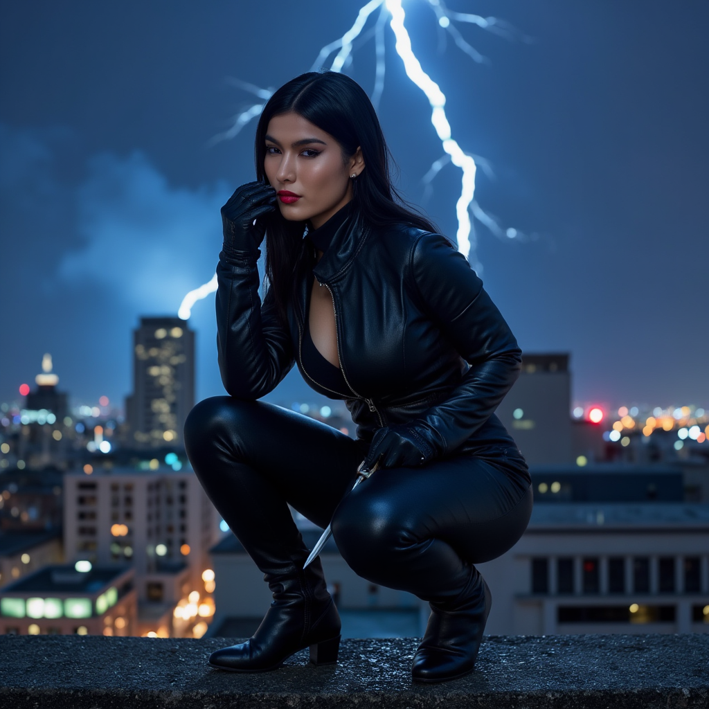 AI Headshot: A thrilling portrait of {prompt}, a skilled assassin dressed in a sleek black leather suit, crouching on a moonlit rooftop. The neon cityscape glows behind her, casting dramatic shadows on her face. A dagger glints in her hand, her lips slightly parted as if whispering a secret. A storm brews in the distance, the faint sound of thunder adding to the tension. Her poised stance is both deadly and graceful, exuding a mysterious yet romantic allure.