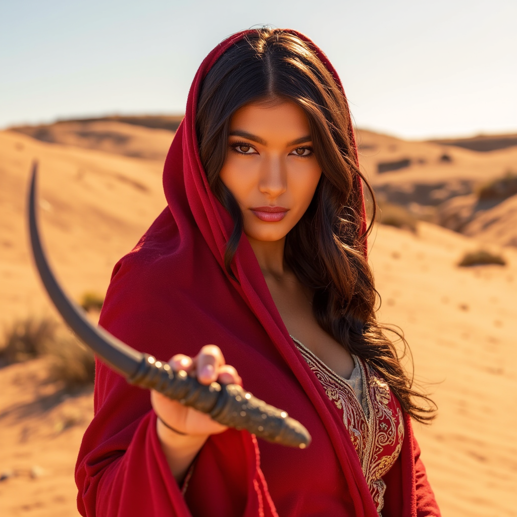 AI Headshot: A captivating portrait of {prompt}, a fearless desert rebel, her face partially hidden by a flowing red scarf. The golden dunes stretch behind her, waves of heat shimmering in the distance. She grips a curved blade in one hand, her stance unwavering. The wind tugs at her long, sun-kissed hair, carrying the scent of spices and dry earth. Her amber eyes burn with determination, yet a soft melancholy lingers in her gaze, as if she longs for something more than battle.