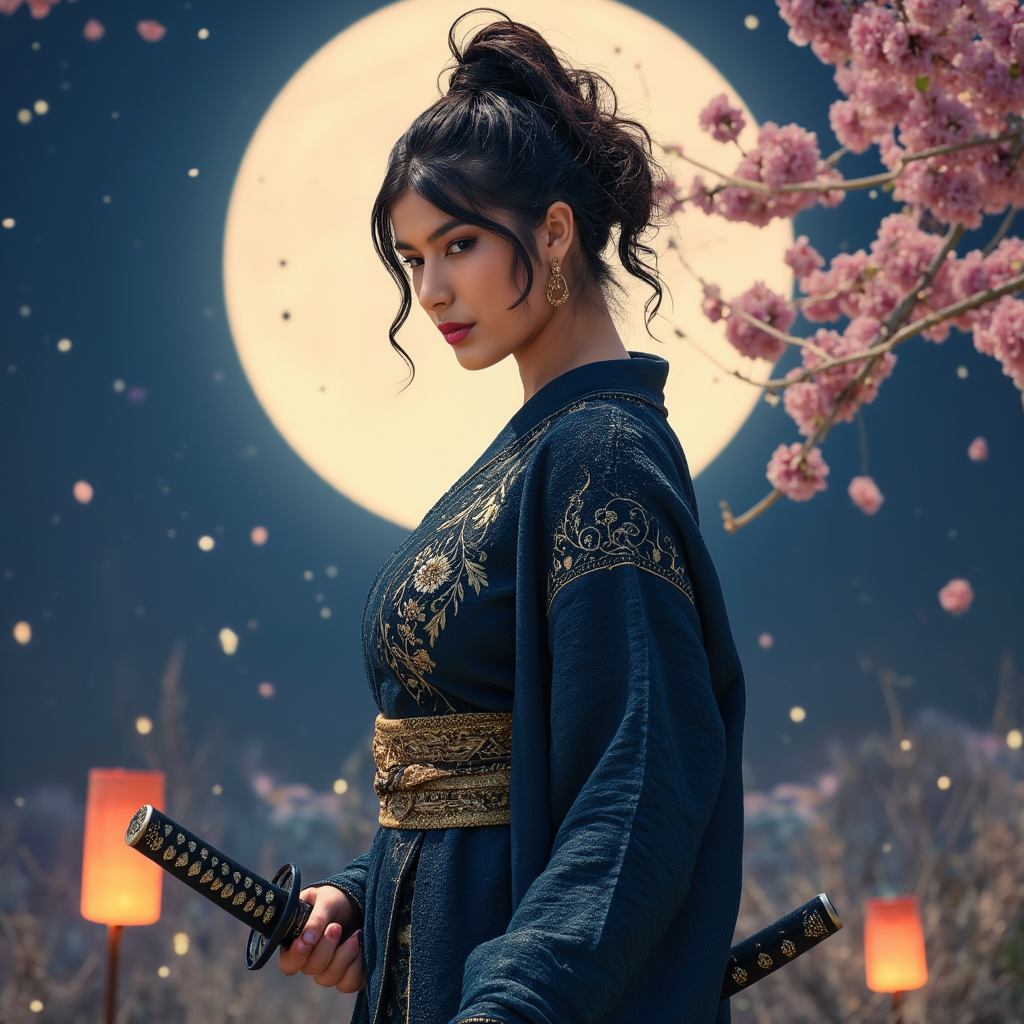 AI Headshot: An elegant yet fierce portrait of {prompt}, a female samurai standing beneath a full moon, her katana dripping with morning dew. She wears an intricately embroidered dark blue kimono, cinched at the waist with a golden obi. Cherry blossoms drift around her as she lowers her blade, her intense yet sorrowful gaze locked onto the horizon. A paper lantern flickers beside her, illuminating the sharp contours of her face, a face that hides both strength and heartbreak.