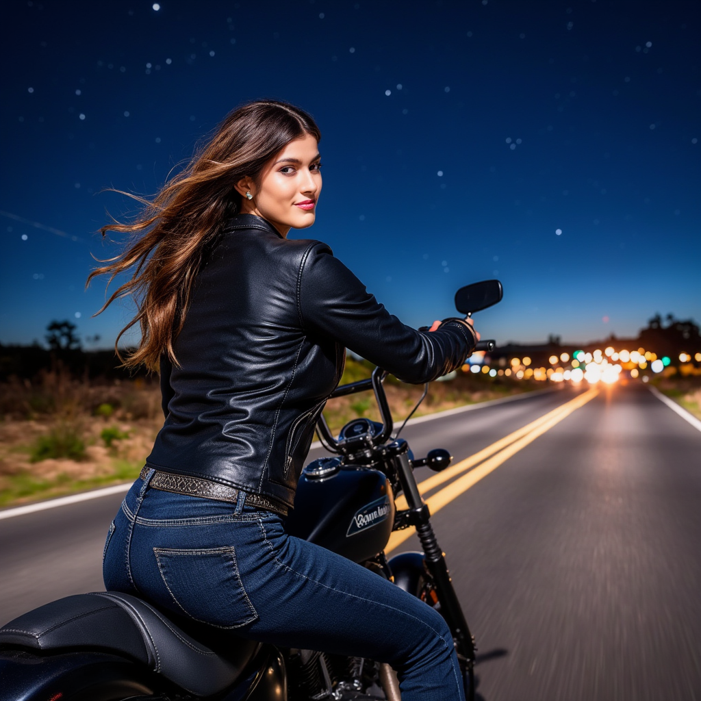 AI Headshot: An electrifying portrait of {prompt}, a fearless biker, speeding down an empty highway at twilight. Her leather jacket clings to her form as she leans into the turn, the city lights blurring behind her. The wind rushes through her long, untamed hair, and a smirk plays on her lips. The deep blue sky above her is scattered with stars, the scent of gasoline and the distant sound of rock music adding to the thrill of the moment.