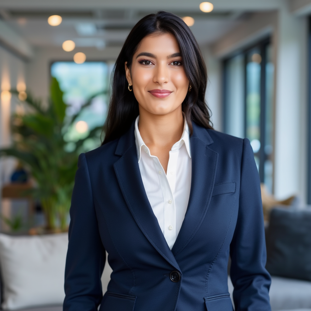 AI Headshot: A highly professional headshot of {prompt}, wearing a tailored navy blue suit and crisp white shirt, standing in front of a softly blurred modern office background. The lighting is soft and even, enhancing natural facial features while maintaining a confident yet approachable expression. The posture is straight, with a slight smile conveying warmth and professionalism. Photorealistic, high-quality 8K, sharp details.