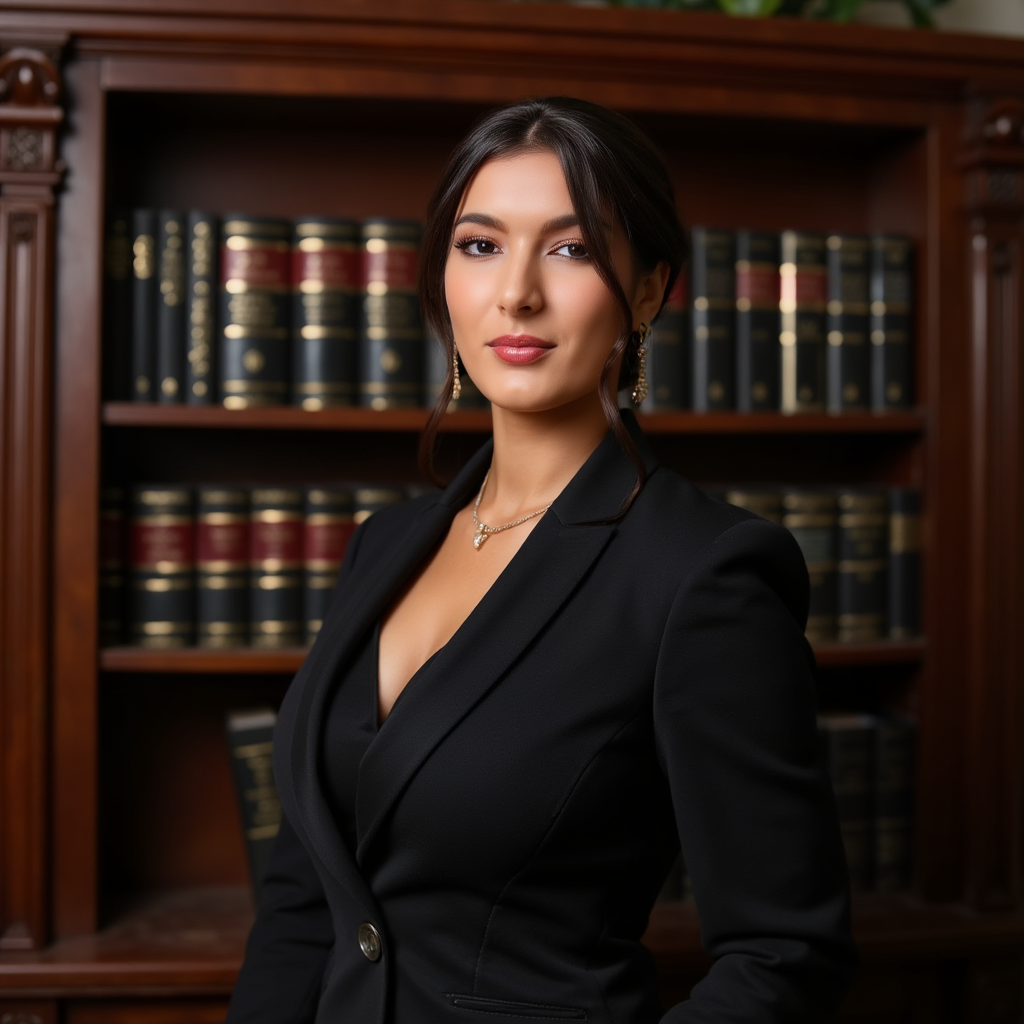 AI Headshot: A striking portrait of {prompt}, a highly respected lawyer, standing confidently in front of a bookshelf filled with legal books. Wearing a formal black suit with polished accessories, their composed expression conveys trust and intelligence. The soft lighting enhances facial features, creating a serious yet approachable look. Photorealistic, high-detail, 8K resolution.