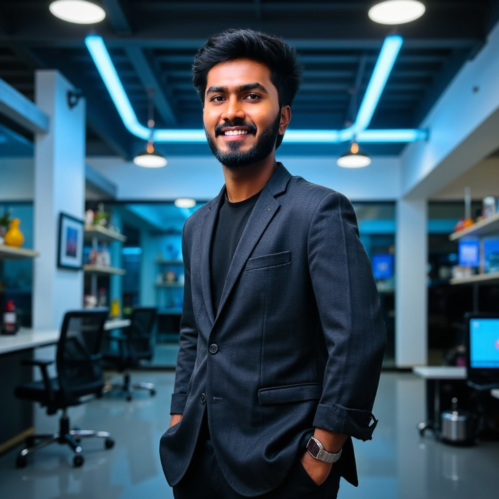 AI Headshot: A modern headshot of {prompt}, a tech professional, wearing a well-fitted blazer and a stylish smartwatch, standing in a futuristic office with blue LED accents. Their expression is confident yet friendly, with soft, professional lighting highlighting facial features. The background is sleek and minimalistic, emphasizing innovation. High-quality, photorealistic, sharp focus, 8K.