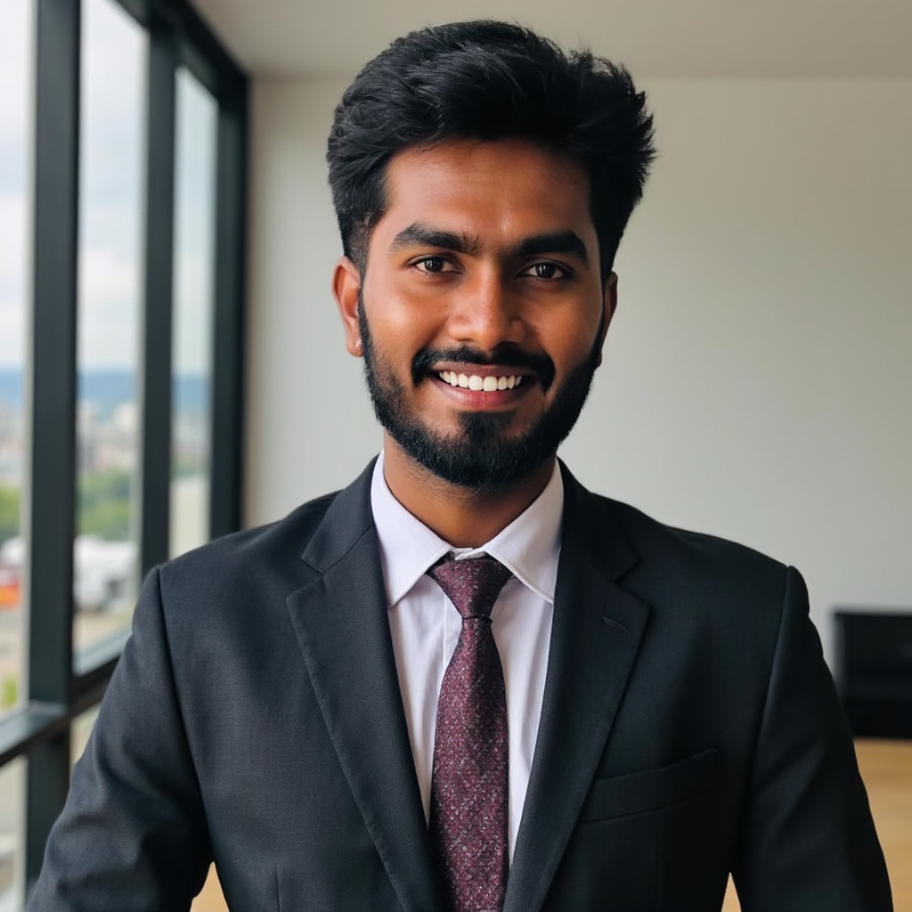 AI Headshot: A professional headshot of {prompt}, an experienced finance executive, wearing a well-tailored charcoal suit with a sophisticated tie or elegant blouse. The background features a blurred high-rise office window with city views, suggesting success and stability. Their expression is calm yet assertive, reflecting expertise and confidence. Photorealistic, high-quality 8K, well-balanced lighting.