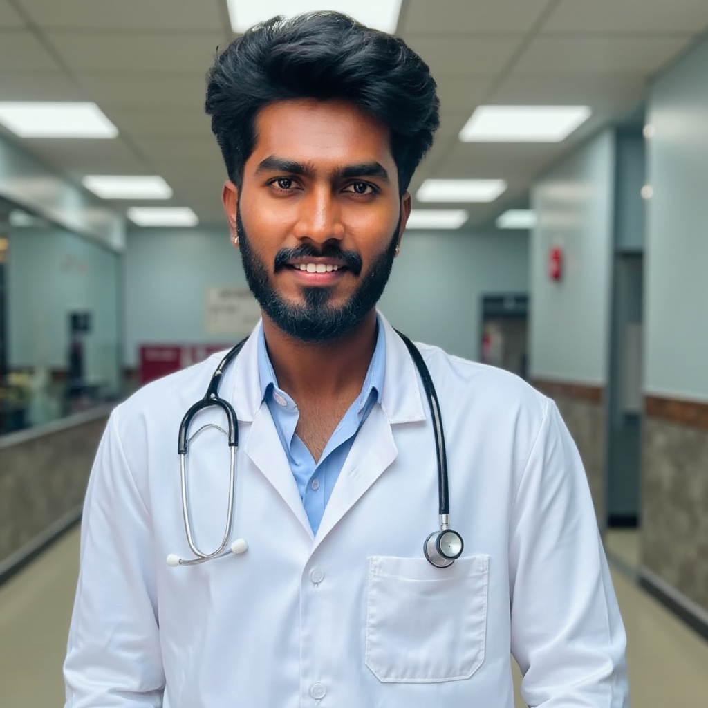 AI Headshot: A dignified portrait of {prompt}, a respected doctor or healthcare professional, dressed in a pristine white coat with a stethoscope around the neck. The background is softly blurred, featuring a modern hospital corridor. Their expression is calm and reassuring, radiating competence and warmth. High-quality, photorealistic, 8K sharp details.