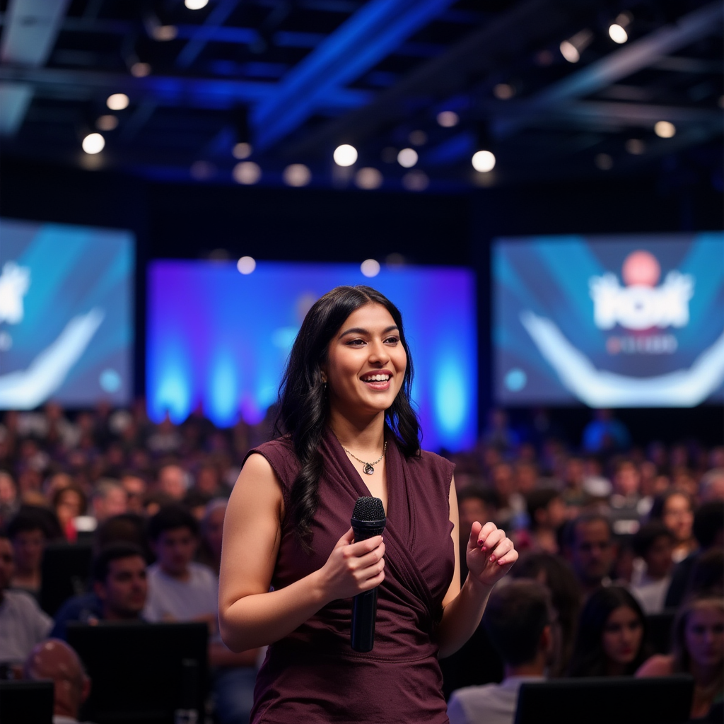 AI Headshot: A dynamic and engaging portrait of {prompt}, a keynote speaker at a major tech conference, standing on stage with a wireless microphone. The audience is softly blurred in the background, while LED screens glow behind them. Their expression is animated, conveying passion and expertise. High-quality, 8K resolution, sharp details.