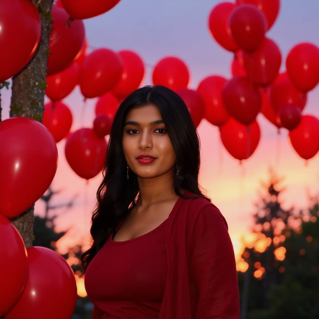 AI Headshot: A dreamy portrait of {prompt} surrounded by clusters of red balloons against a twilight sky. The setting includes soft bokeh lights and a hint of a champagne toast, creating a magical atmosphere of love and anticipation. The subject’s expression is tender yet confident, capturing the essence of a perfect Valentine.