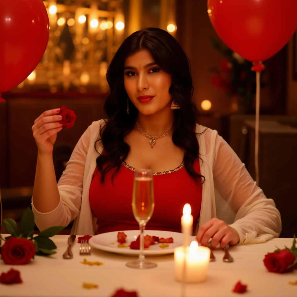 AI Headshot: A captivating portrait of {prompt} decently dressed and seated at a candlelit dinner table adorned with red roses and soft white linens. Red balloons float gently in the background while a champagne flute sparkles in hand. The warm, golden lighting accentuates the serene yet passionate expression, perfect for a romantic celebration.