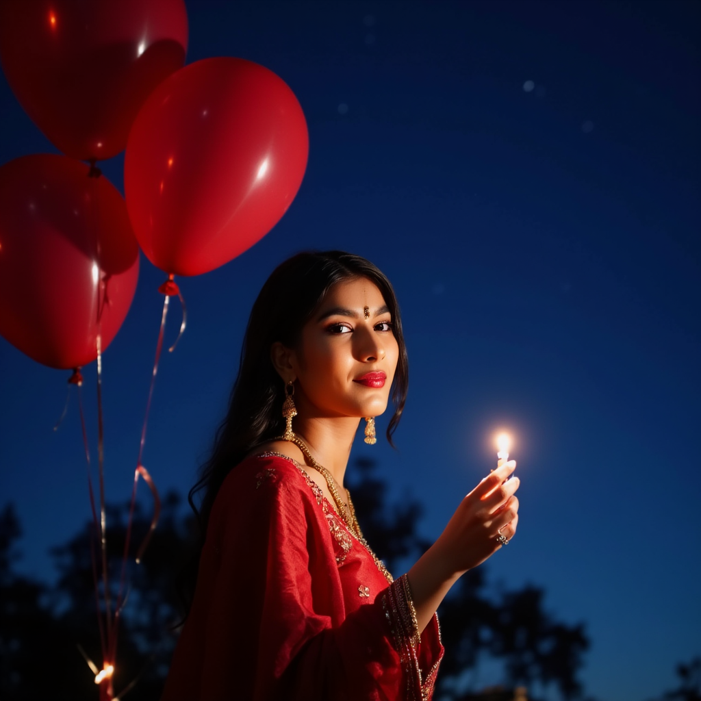 AI Headshot: A mesmerizing portrait of {prompt} decently dressed and  under a starlit sky, where red balloons add a pop of passion against the deep blue night. A solitary champagne glass catches the light as subtle candlelight outlines the face, creating a magical moment of quiet romance and wonder.