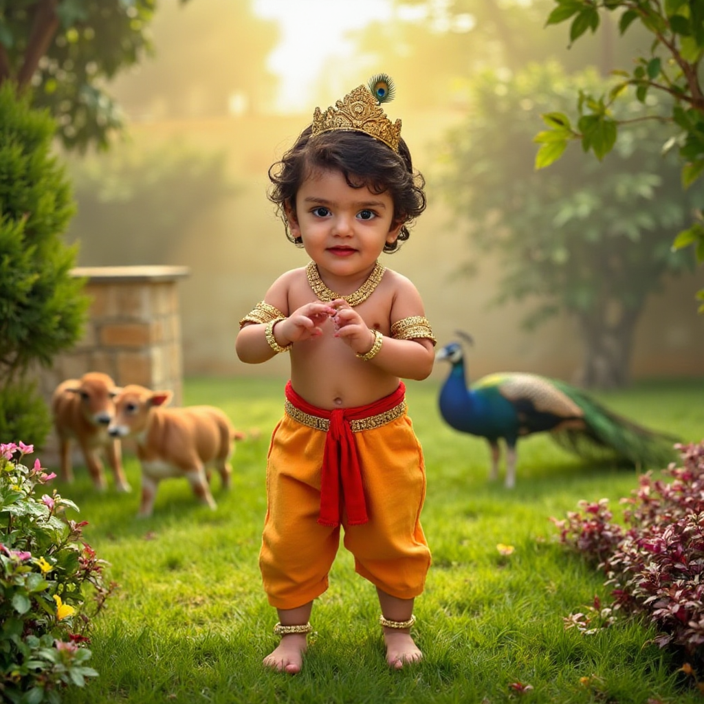 AI Headshot: A charming {prompt} dressed as LittleKrishna, standing amidst a vibrant natural backdrop filled with lush greenery, blooming flowers, and gentle sunlight filtering through the trees. The child has a soft blue complexion, big expressive eyes filled with innocence, curly dark hair adorned with a delicate golden crown featuring intricate carvings and a peacock feather. He wears traditional golden jewelry, including necklaces, armlets, bangles, and anklets, shimmering against his radiant skin. Draped in a bright yellow dhoti with a rich red waistband, his feet are bare, touching the soft grass below. He holds a small flute in his tiny hands, symbolizing his divine connection. Butterflies flutter around him, while a few playful calves and peacocks roam in the distance, enhancing the mystical and serene atmosphere. The setting feels divine, with a warm golden glow illuminating the scene, capturing the essence of innocence and divinity in a breathtaking and artistic way.