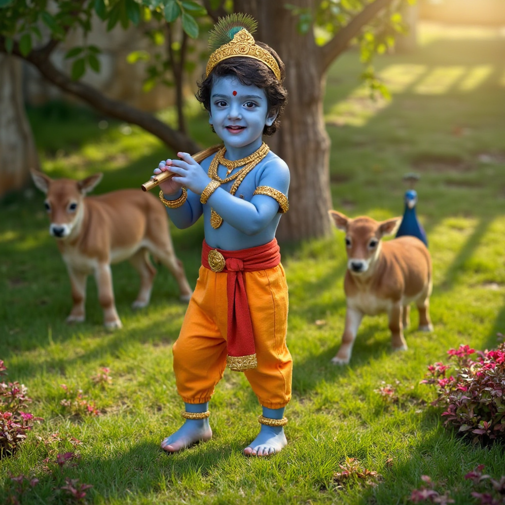 AI Headshot: A charming {prompt}  child dressed as LittleKrishna, standing in a lush natural setting filled with vibrant greenery, blooming flowers, and soft golden sunlight filtering through the trees. The child has a radiant blue complexion, large expressive eyes full of innocence, and curly dark hair adorned with a delicate golden crown featuring intricate carvings and a peacock feather. He wears traditional golden jewelry, including layered necklaces, armlets, bangles, and anklets that shimmer against his divine blue skin. Draped in a bright yellow dhoti with a rich red waistband, he stands barefoot on the soft grass. In his tiny hands, he holds a small flute, symbolizing his divine connection. Peacocks, butterflies, and playful calves surround him, adding to the enchanting, mystical atmosphere. A gentle breeze rustles the leaves, and a warm golden glow bathes the scene, capturing the divine innocence and playful energy of LittleKrishna in a breathtaking, artistic way