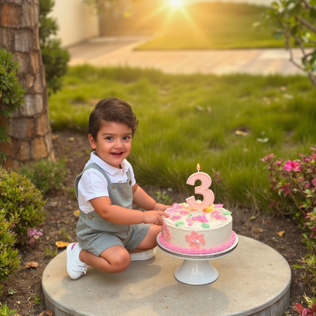 AI Headshot: A {prompt} child celebrating their 3rd birthday in a beautiful outdoor setting surrounded by lush greenery, blooming flowers, and warm golden sunlight filtering through the trees. The child is dressed in a cute and comfortable birthday outfit, such as a pastel-colored dress or a smart button-up shirt with suspenders. In front of them is a beautifully decorated birthday cake with soft pastel frosting, floral designs, and a large number 3 candle on top. The child sits or stands near the cake. The scene is decorated with colorful balloons, fairy lights, and natural elements like butterflies, birds, and a soft breeze swaying the leaves. The atmosphere is warm, magical, and filled with joy, capturing the innocence and excitement of a child’s special day.