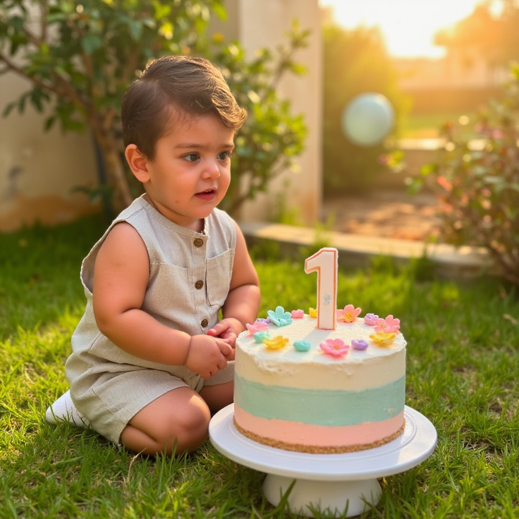 AI Headshot: A {prompt}  child celebrating their 1st birthday in a beautiful outdoor setting surrounded by lush greenery, blooming flowers, and warm golden sunlight filtering through the trees. The child is dressed in a cute and comfortable birthday outfit, such as a pastel-colored dress or a smart button-up shirt with suspenders. In front of them is a beautifully decorated birthday cake with soft pastel frosting, floral designs, and a large number 1 candle on top. The child sits or stands near the cake. The scene is decorated with colorful balloons, fairy lights, and natural elements like butterflies, birds, and a soft breeze swaying the leaves. The atmosphere is warm, magical, and filled with joy, capturing the innocence and excitement of a child’s special day.